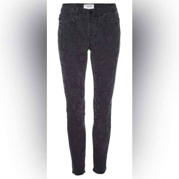 FRAME Denim Dark Grey/Black Le Skinny de Jeanne Mid Rise Crop Python Print Jeans - Picture 3 of 12